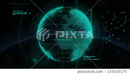 Rotating globe hovering over grid floor with floating code text symbols, circular arc overlay 135550175
