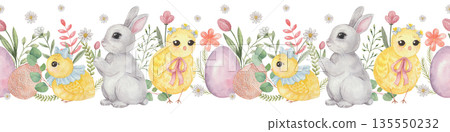 Watercolor Seamless border with cute chick and bunny  135550232