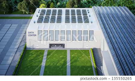 Data center building exterior with solar panels on roof Data center building exterior with solar panels on roof 135550265