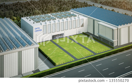 Data center building exterior with solar panels on roof 135550270