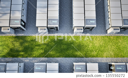 Group of energy storage systems or battery container units top view Group of energy storage systems or battery container units top view 135550272