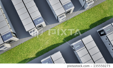 Group of energy storage systems or battery container units top view 135550273