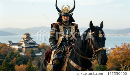 織田信長身著鎧甲，騎著黑馬，佇立於安土城，背景是琵琶湖和安土城。 135550400