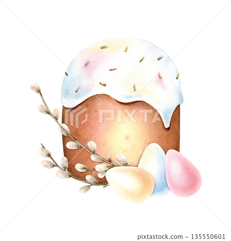 Easter tradition icing cake, colored eggs, fluffy willow buds, twigs. Kulich with glaze and sprinkles. Symbol of religion spring renewal. Delicate hand drawn isolated food festive Illustration 135550601