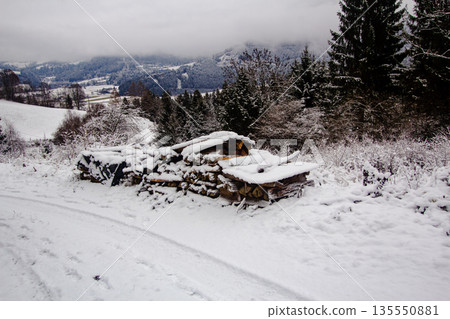 Gathered firewood for the woodstove, covered with snow 135550881