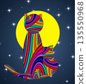 Full moon with cats. Silhouette of animal in night sky with full moon and stars. 135550968