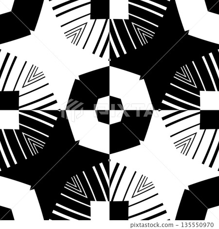 Abstract pattern with decorative geometric  elements. Black and white ornament. Modern stylish texture repeating. Great for tapestry, carpet, bedspread, fabric, ceramic tile, pillow 135550970