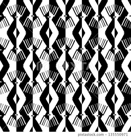 Abstract seamless pattern with decorative geometric  elements. Black and white ornament. Modern stylish texture repeating. Great for tapestry, carpet, bedspread, fabric, ceramic tile, pillow 135550971