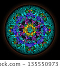 Colorful pattern in style of Gothic stained glass window with round frame. Abstract floral ornament. 135550973