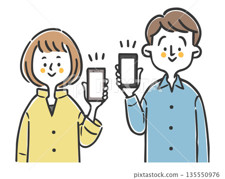 Couple showing smartphone screen, upper body, vector 135550976
