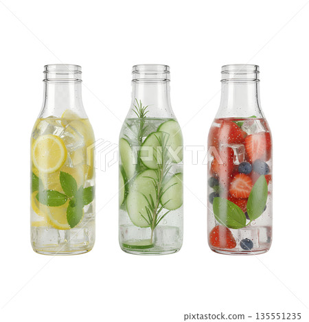 Three clear glass bottles of fruit and herb infused water with lemon, cucumber, and mint, isolated. Symbolizes healthy hydration and detox drinks Three clear glass bottles of fruit and herb infused water with lemon, cucumber, and mint, isolated. Symbolizes healthy hydration and detox drinks 135551235