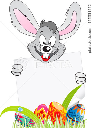 Easter Poster with Eggs, Rabbit and Sheet of Paper Easter Poster with Eggs, Rabbit and Sheet of Paper 135551252