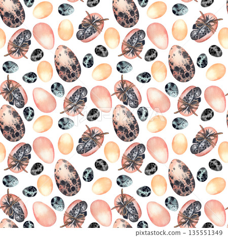 Watercolor seamless pattern with various chicken and speckled bird eggs. Spring Easter holiday background with decorative feathers for greeting card. High quality illustration. 135551349