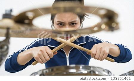 一位女鼓手雙手交叉鼓槌，目光透過鈸間的縫隙怒視著前方。 135551401