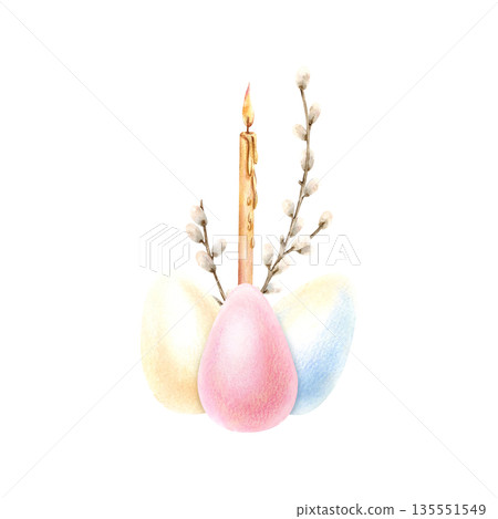 Delicate Easter composition with painted eggs, willow branches and lit candle in pastel colors. Traditional Orthodox holiday symbol. For greeting cards, spring seasonal decor. Watercolor illustration 135551549