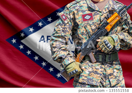 Arkansas US state flag with soldier holding assault rifle Arkansas US state flag with soldier holding assault rifle 135551558