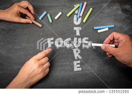 Focus and Future Concept Written with Chalk on Blackboard by Two People Focus and Future Concept Written with Chalk on Blackboard by Two People 135551593
