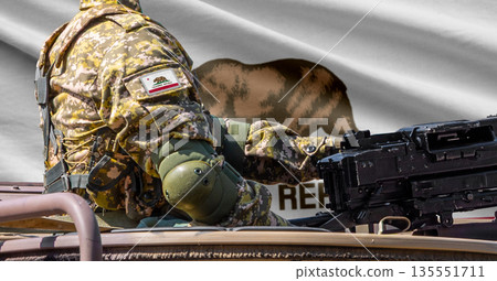 California US state flag with soldier at machinegun turret 135551711