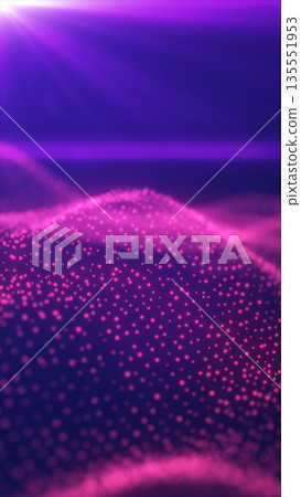 Futuristic purple landscape of glowing digital particles forming waves under bright light rays 135551953