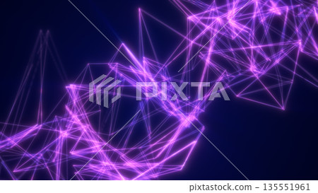 Vibrant purple digital mesh of interconnected lines forming geometric shapes and glowing energy patterns 135551961