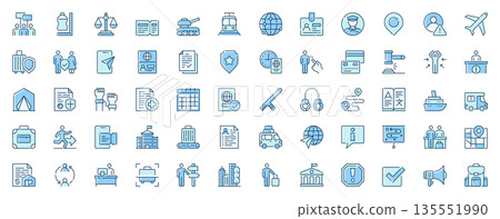 Refugees immigration web icons set in line design. Duotone pictogram pack of human rights, ticket, train, passport, police officer, control, location, more outline stroke signs. Vector illustration. Refugees immigration web icons set in line design. Duotone pictogram pack of human rights, ticket, train, passport, police officer, control, location, more outline stroke signs. Vector illustration. 135551990
