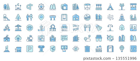 City park web icons set in line design. Duotone pictogram pack of trees, bench, road, path, ferris wheel, street cafe, playground, direction pointer, more outline stroke signs. Vector illustration. 135551996
