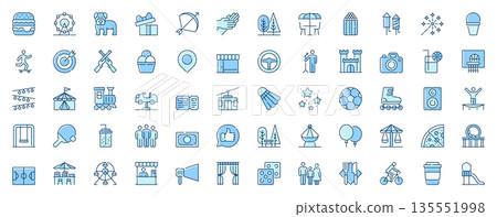 Amusement park web icons set in line design. Duotone pictogram pack of fast food, carousel, ferris wheel, gifts, cafe, fireworks, carnival, attraction, more outline stroke signs. Vector illustration. Amusement park web icons set in line design. Duotone pictogram pack of fast food, carousel, ferris wheel, gifts, cafe, fireworks, carnival, attraction, more outline stroke signs. Vector illustration. 135551998