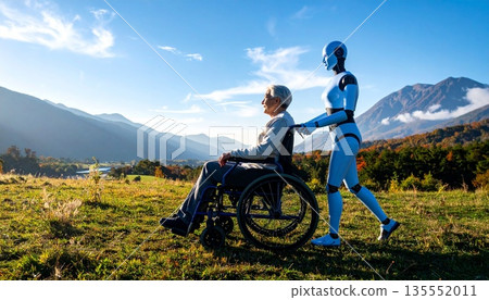 A care robot (physical AI) pushing a wheelchair for an elderly Japanese person 135552011