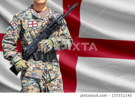 Saint George flag with soldier holding assault rifle Saint George flag with soldier holding assault rifle 135552140
