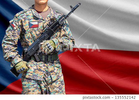 Czech flag with soldier holding assault rifle Czech flag with soldier holding assault rifle 135552142