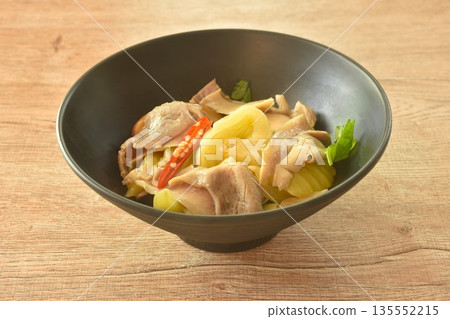 stir fried pickled cabbage with slice pork stomach and chili on bowl 135552215