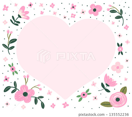 Vector heart shaped floral frame with pink flowers, Cute romantic background for Mother's Day and spring greeting cards 135552236