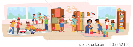 Several preschool children playing role game together in brightly colored kindergarten room scene 135552303