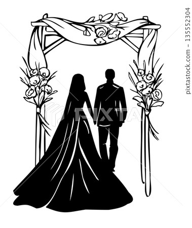 Outline black silhouette of the newlyweds with wedding arch with flowers. Cute wedding illustration bride and groom 135552304