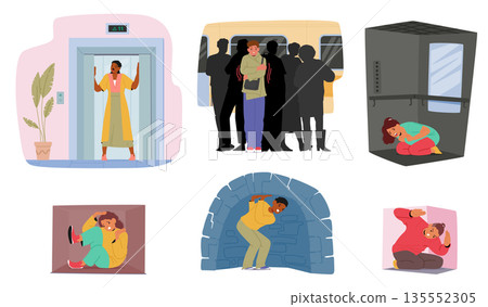 Diverse people cartoon characters with claustrophobia in closed space suffering from panic attack 135552305