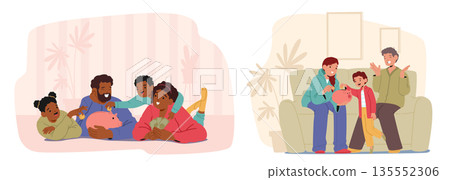 Happy family with children saving money in large pink piggy bank isolated cartoon scene set Happy family with children saving money in large pink piggy bank isolated cartoon scene set 135552306