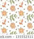 Seamless watercolor floral pattern peach flowers, green foliage in balanced botanical composition on white background. Elegant surface design for fashion textiles, wallpaper, packaging, home decor. 135552311
