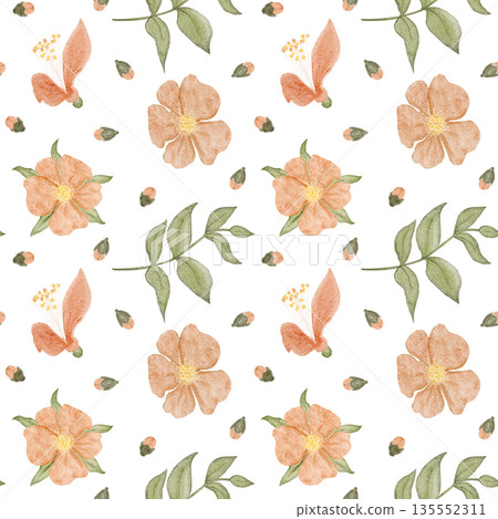 Seamless watercolor floral pattern peach flowers, green foliage in balanced botanical composition on white background. Elegant surface design for fashion textiles, wallpaper, packaging, home decor. 135552311