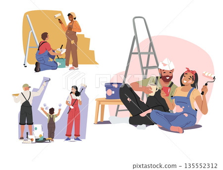 Happy family cartoon characters doing home renovation together feeling joy from teamwork set 135552312