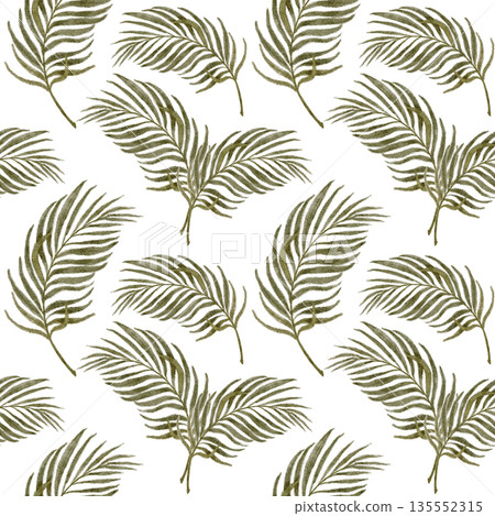 Seamless pattern with palm leaves on white background, hand painted in soft natural green tones, minimal tropical botanical texture for Easter decor, Palm Sunday design, packaging, fabric, stationery 135552315