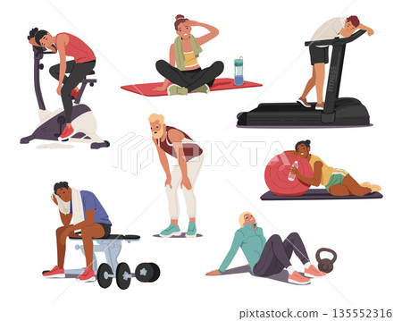 Exhausted workout design isolated set with tired people diverse cartoon characters doing sport 135552316
