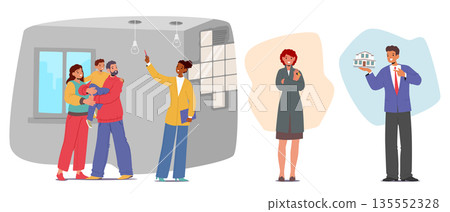 Realtor showing apartment for sale, presenting new housing project, holding residential key set Realtor showing apartment for sale, presenting new housing project, holding residential key set 135552328