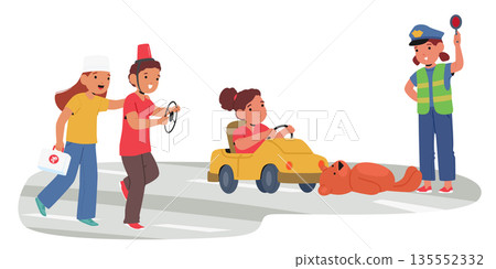 Preschool children playing role game with city road traffic accident scenario vector illustration Preschool children playing role game with city road traffic accident scenario vector illustration 135552332