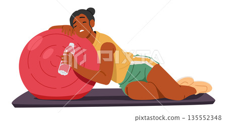 Tired exhausted woman athlete cartoon character feeling thirsty drinking water lying on fitness ball 135552348