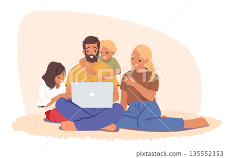 Happy family with children sitting closely together and looking at laptop screen vector illustration 135552353