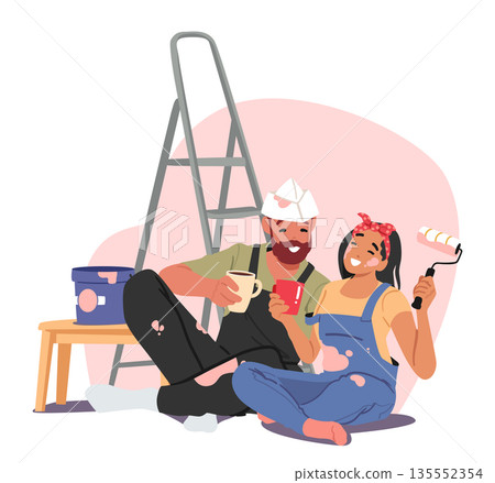 Happy man and woman loving couple taking coffee break during home renovation process cartoon scene Happy man and woman loving couple taking coffee break during home renovation process cartoon scene 135552354