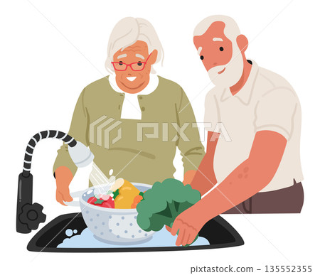 Happy senior couple cartoon characters washing variety of vibrant fresh vegetables before eating 135552355