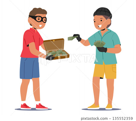 Cute preschool aged boys children cartoon characters playing role game imagining being robbers 135552359