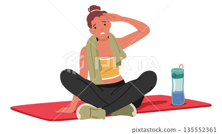 Tired woman cartoon character wiping sweat from forehead sitting on fitness mat vector illustration Tired woman cartoon character wiping sweat from forehead sitting on fitness mat vector illustration 135552361