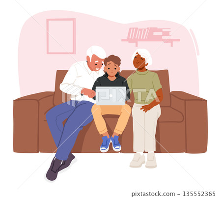 Preteen boy and grandparents sitting on sofa using laptop in cozy home setting cartoon scene 135552365